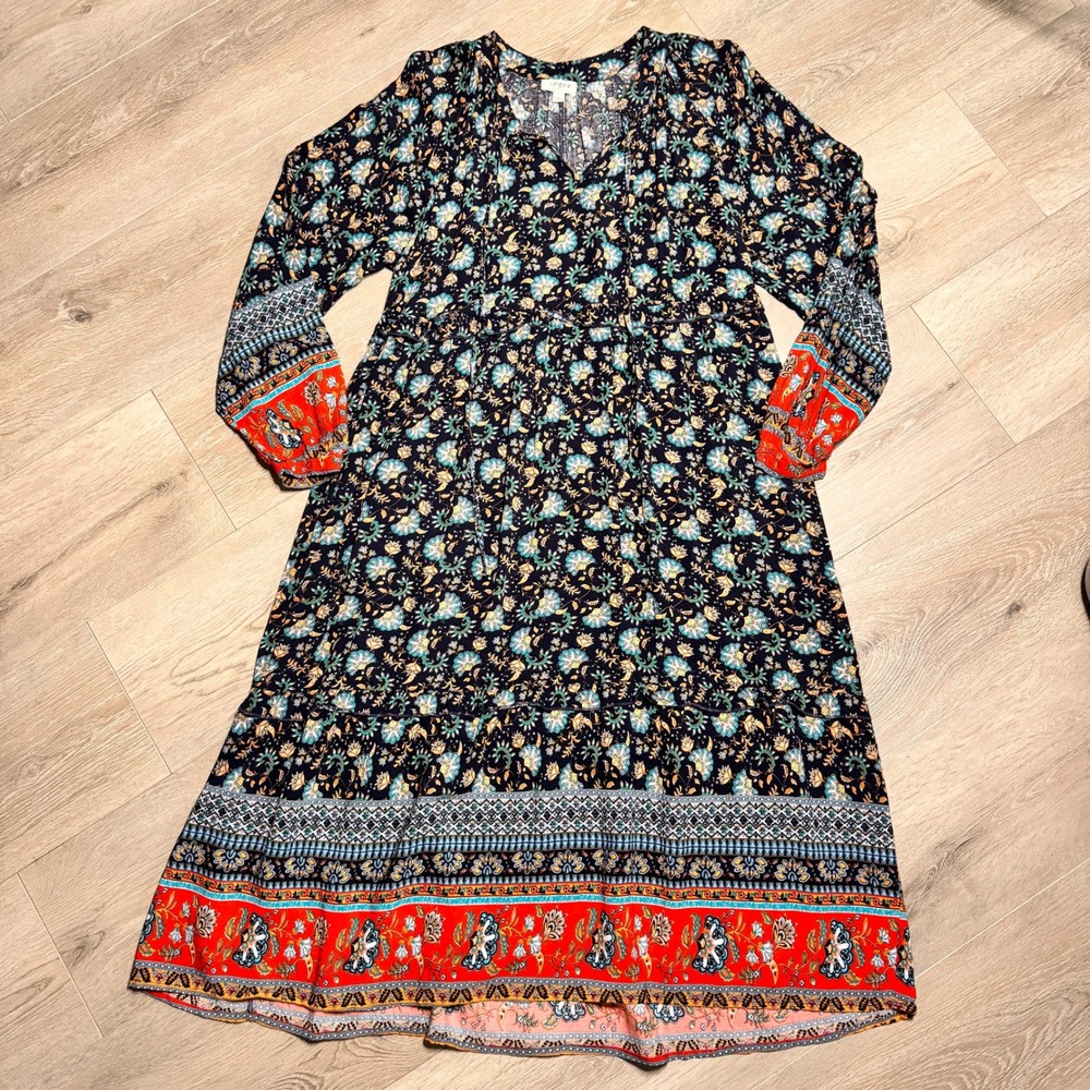 Umgee Floral Maxi Dress Boho V Neck Long Sleeve Print Women Size Small - Picture 2 of 6